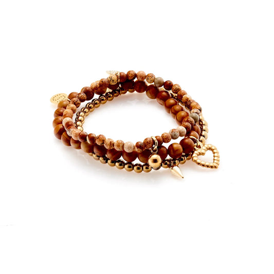 Riveria Sand Bracelet Stack By Silk and Steel - Wood/Pic Jasper/Gold