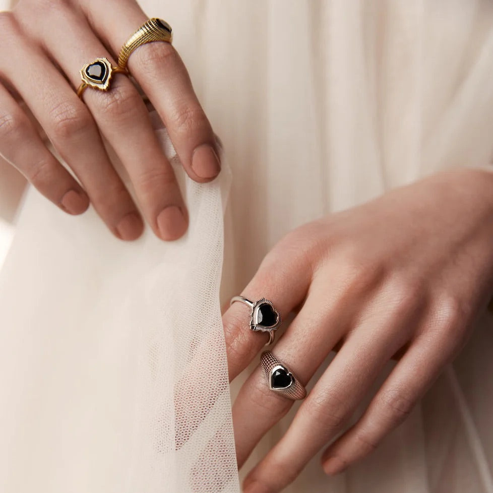 Romantique Signet Ring By Silk & Steel - Black/Gold